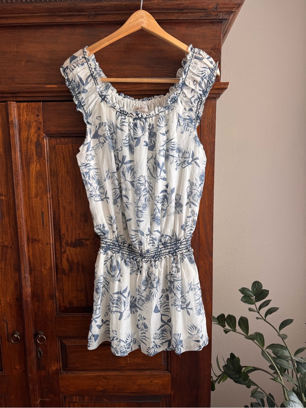 Max Studio Specialty Silk And Cotton Floral Tunic Blouse Smocked Waist Coastal